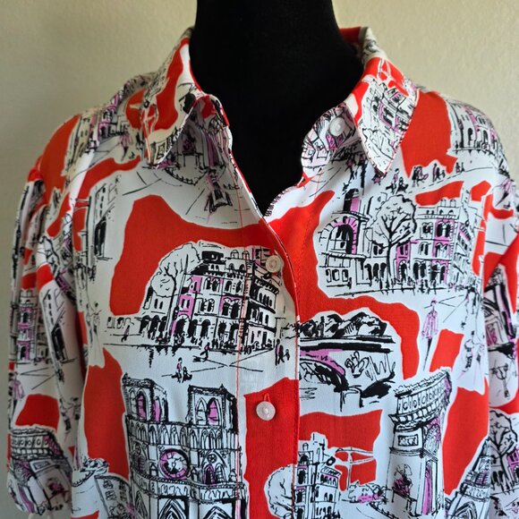 Karl Lagerfeld Blouse Button Shirt Paris Landmarks Short Puff Sleeve Size L NEW - Picture 2 of 11